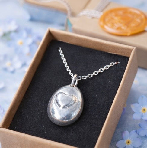 Evermore Pebble Heart Pendant- Fine or Sterling Silver Keepsake, Memorial Ashes Pendant.